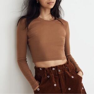 Madewell Brown Fine Ribbed Supercrop Crewneck Long-Sleeve Tee!